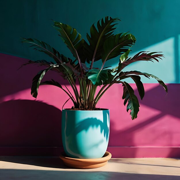 Photo a potted plant sits on a table with a blue background