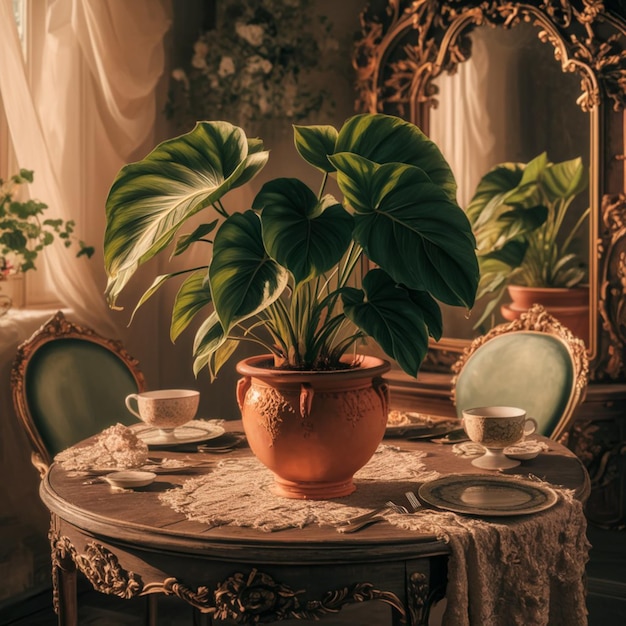 a potted plant sits on a table with a potted plant on it