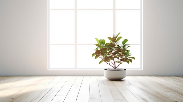 A potted plant sits on a wooden floor in front of a large window.