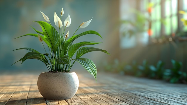 A potted plant sits on a wooden table in a room with a window