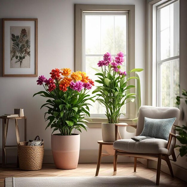 Photo a potted plant with colorful flowers in front of a window