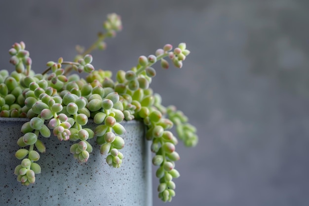 A potted plant with green leaves and pink flowers sits on a grey surface