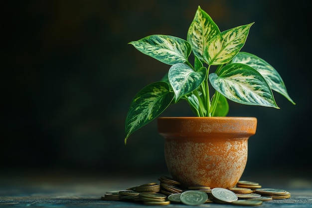 Photo a potted plant with green leaves sits on a pile of coins representing growth and financial success