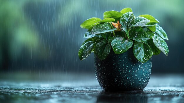 Photo a potted plant with green leaves and small orange flowers is shown in the foreground it is raining and the plant is covered in water droplets the background is a blurry green