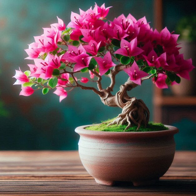 Photo a potted plant with pink flowers on a wooden table