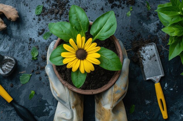 Photo potted plant with yellow flower