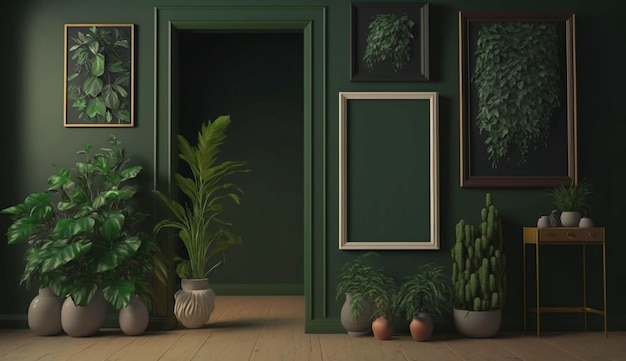 Potted plants decorate living room with green color walls with art gallery frame Generative Ai