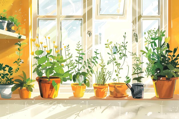 Potted plants on sunny windowsill inside home sunlight streaming through window