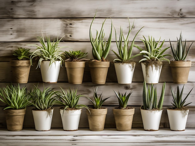 Potted plants on white wood Closeup