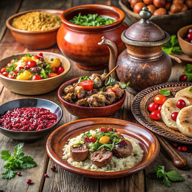 Photo potted rice hummus falafel spice mix pomegranate seeds parsley garnish