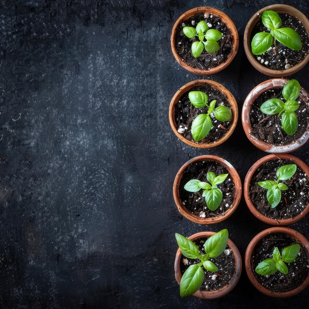 Potted seedlings growing in pots on eco background with copy space for text top view