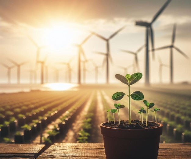 Potted Seedlings Offshore windmill farm earth day background