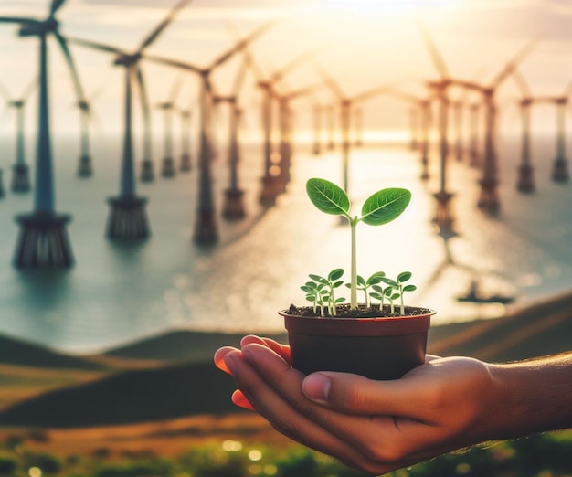 Potted Seedlings Offshore windmill farm earth day background