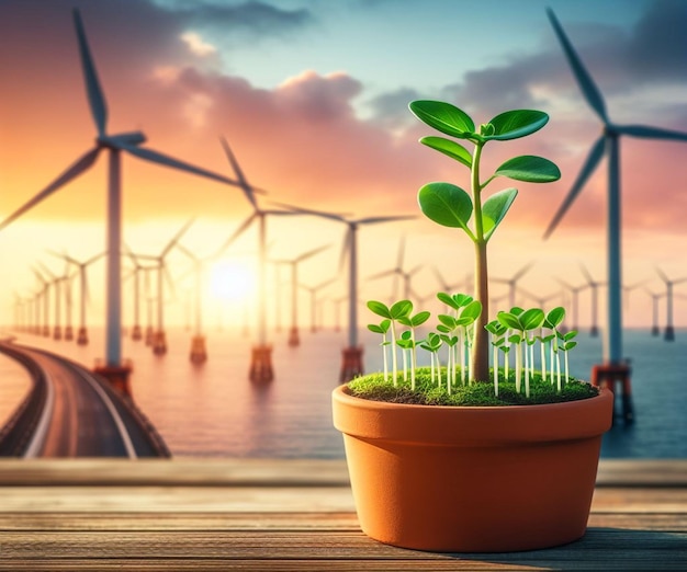 Potted Seedlings Offshore windmill farm earth day background