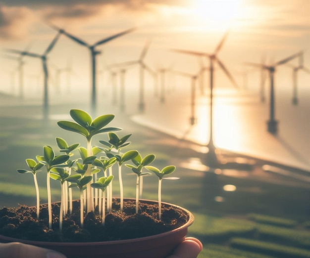 Potted Seedlings Offshore windmill farm earth day background