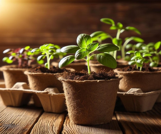 Potted seedlings wooden earth day background