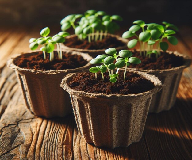 Potted seedlings wooden earth day background