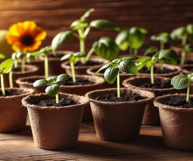 Potted seedlings wooden earth day background