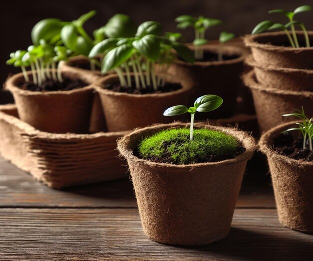 Potted seedlings wooden earth day background