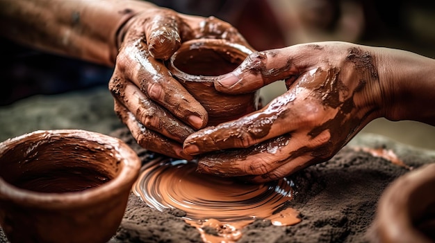 Potter modeling ceramic pot from clay on a potter39s wheel Pottery Craftsperson turning clay