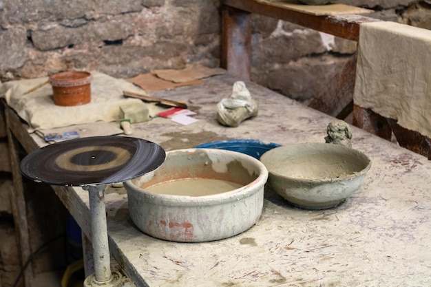 Potter's workshop A working table with clay and a potter's wheel