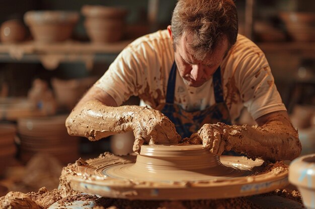 Photo potter shaping clay on wheel