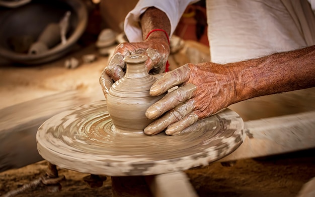 Potter at work makes ceramic dishes. India, Rajasthan.