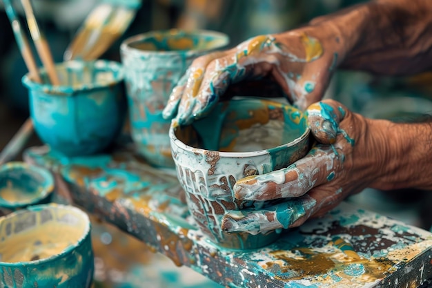 Potters Hands Applying Glaze to Ceramic Pieces Intricate Craftsmanship for Designs and Decoration