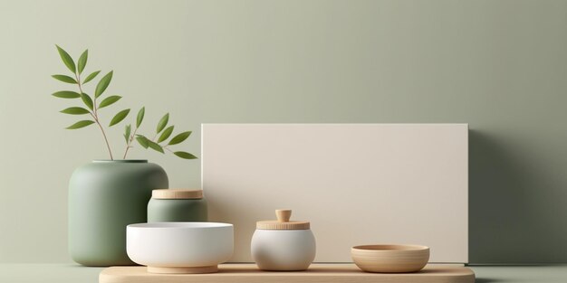 Pottery bowls and containers sitting on wooden tray with plants and white blank board in the back on light green background Created with Generative AI technology