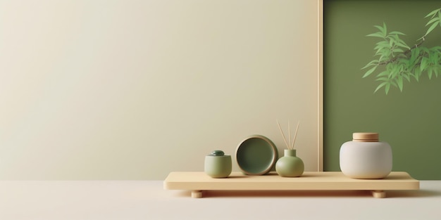 Pottery containers sitting on wooden tray on ivory and green background Created with Generative AI technology