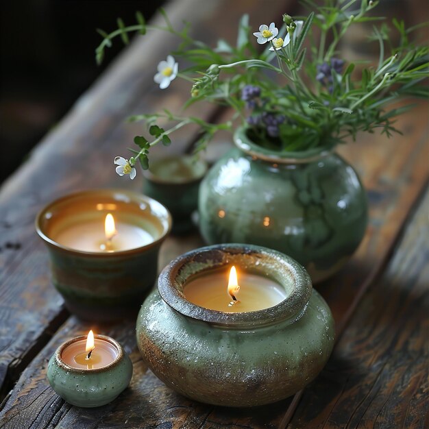 pottery with candles and botanicals