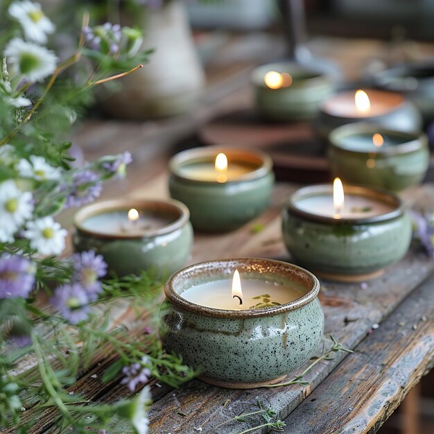 pottery with candles and botanicals