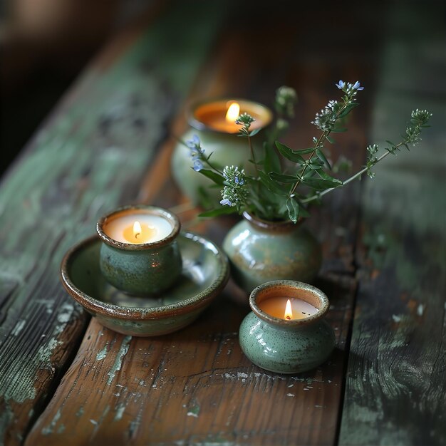 pottery with candles and botanicals