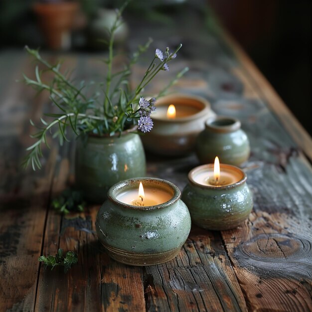 pottery with candles and botanicals