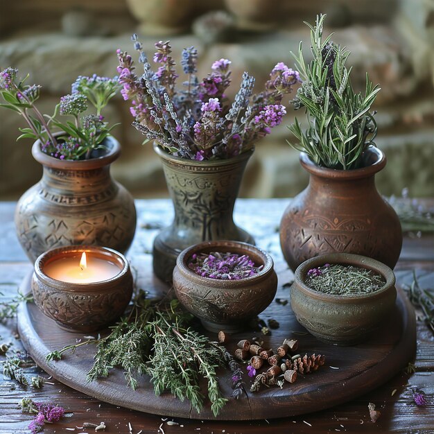 pottery with herbs and candle on a table