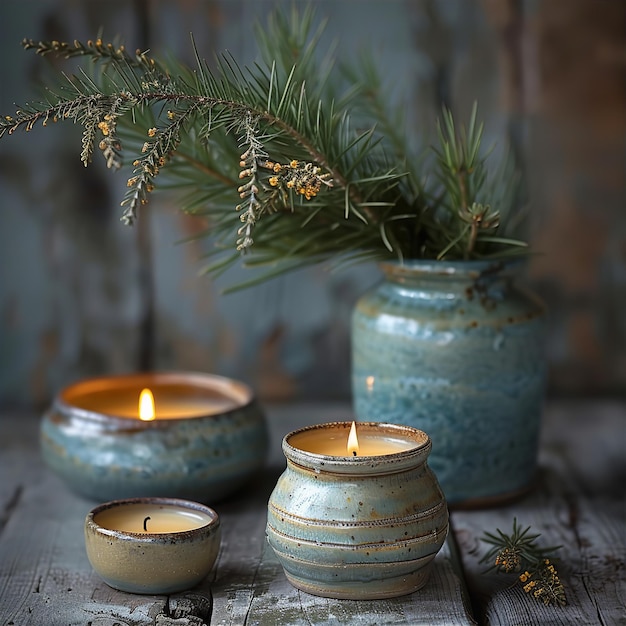 pottery with lit candles and pine bows