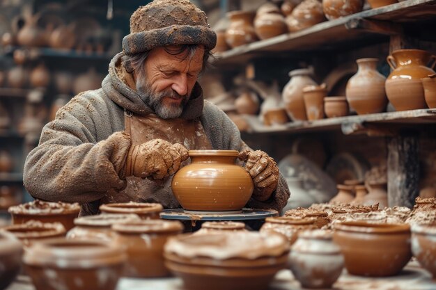 Pottery workshop scene Talented artist shaping a beautiful vase on the pottery wheel