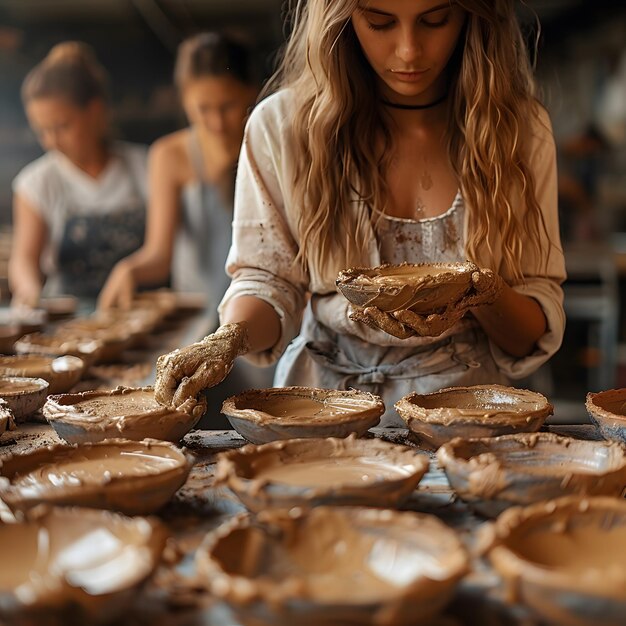 Photo pottery workshop in studio master working with clay on the table adults learning to do ceramic