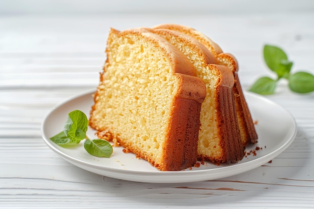 Photo pound cake on white plate photo shoot for ads white wood background image