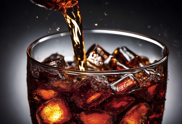 Pour CocaCola into a clear glass with ice macro