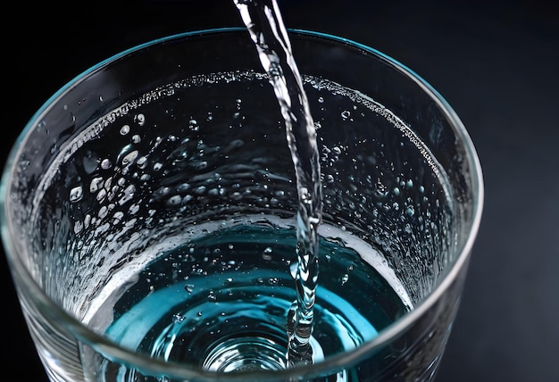 Pour sparkling water into a clear glass with ice black background