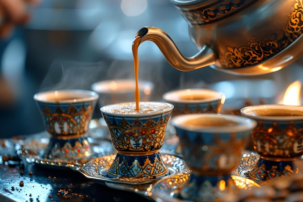 Pouring aromatic coffee into intricate blue ceramic cups with steam rising from the brew