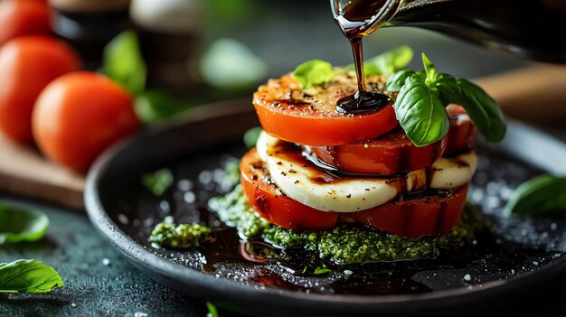 Photo pouring balsamic vinegar onto stacked caprese salad