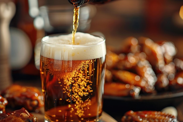 pouring beer into glass with bbq chicken wings in background 01