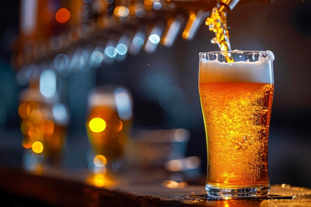 Pouring beer with bubble froth in glass for background on front view wave curve shape texture foam