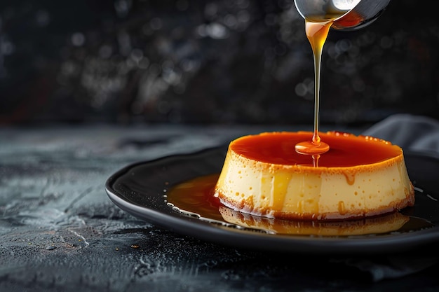 Pouring caramel sauce on flan