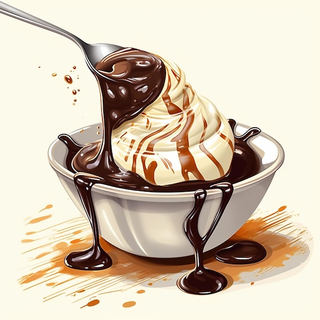 Pouring Chocolate Syrup over a Scoop of Vanilla Sundae Ice Cream Generative AI