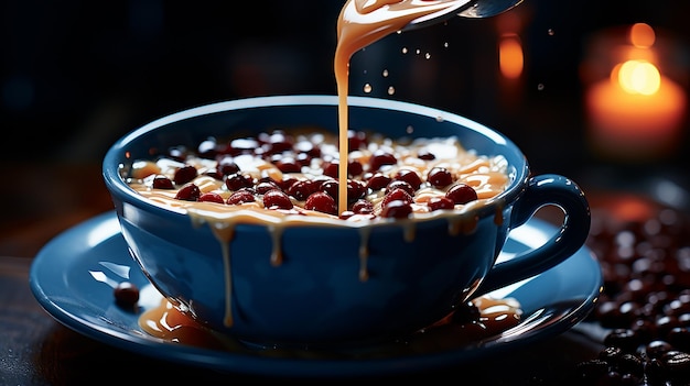 Pouring Coffee into Dark Blue Mug