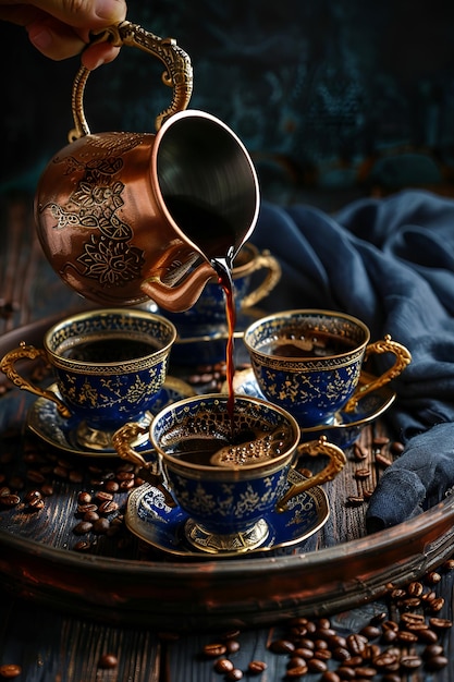 Pouring coffee into ornate blue and gold cups with a decorative copper pot