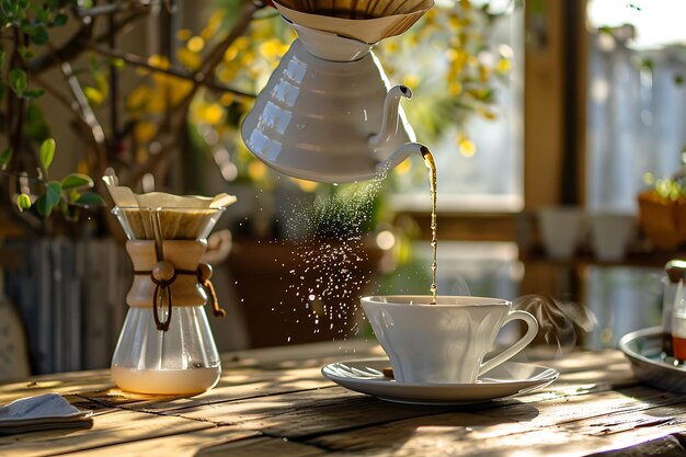 Photo pouring coffee into a white cup on a rustic wooden table